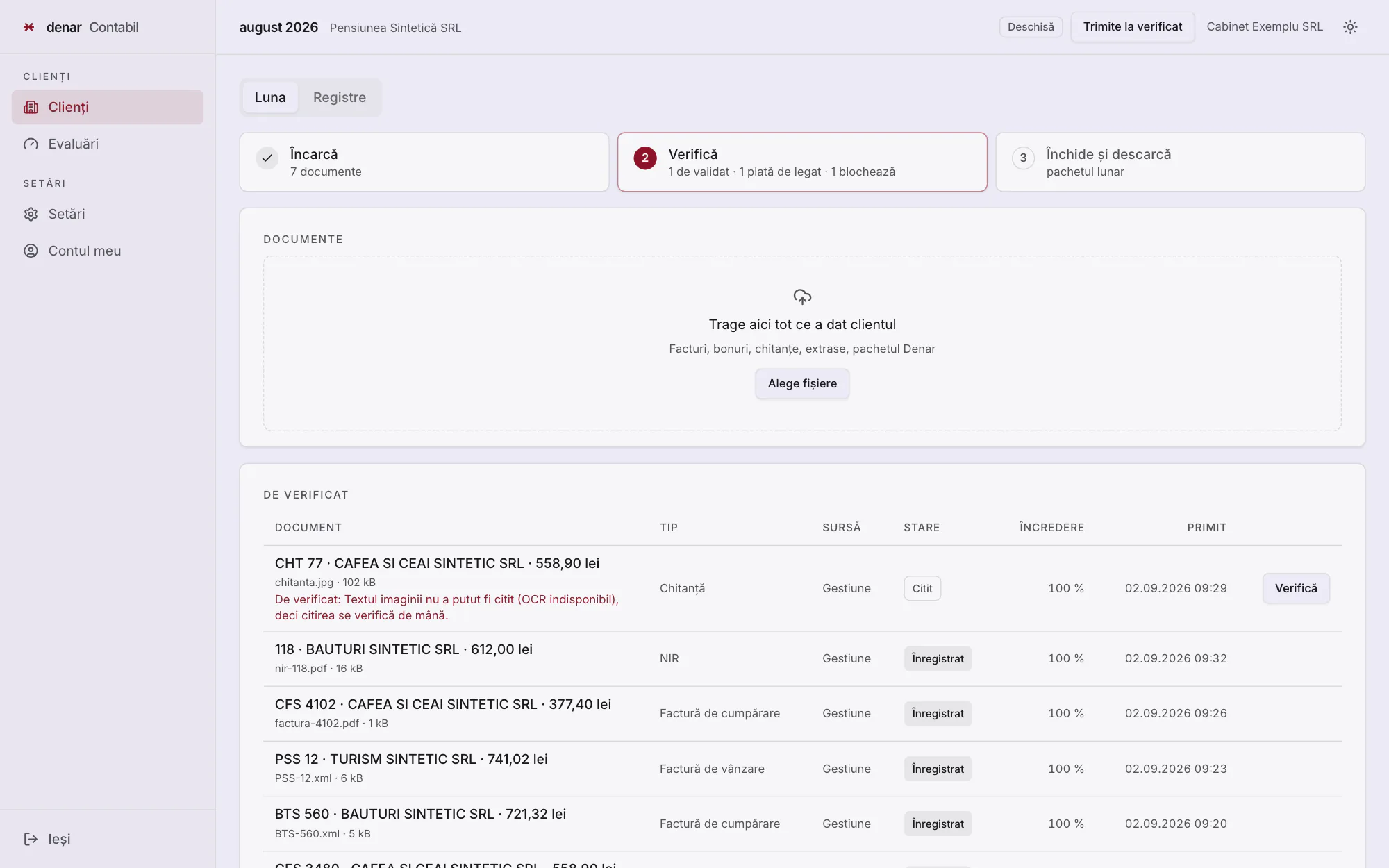 Luna august a unui client: șapte documente venite din Gestiune, unul de verificat și o plată de legat