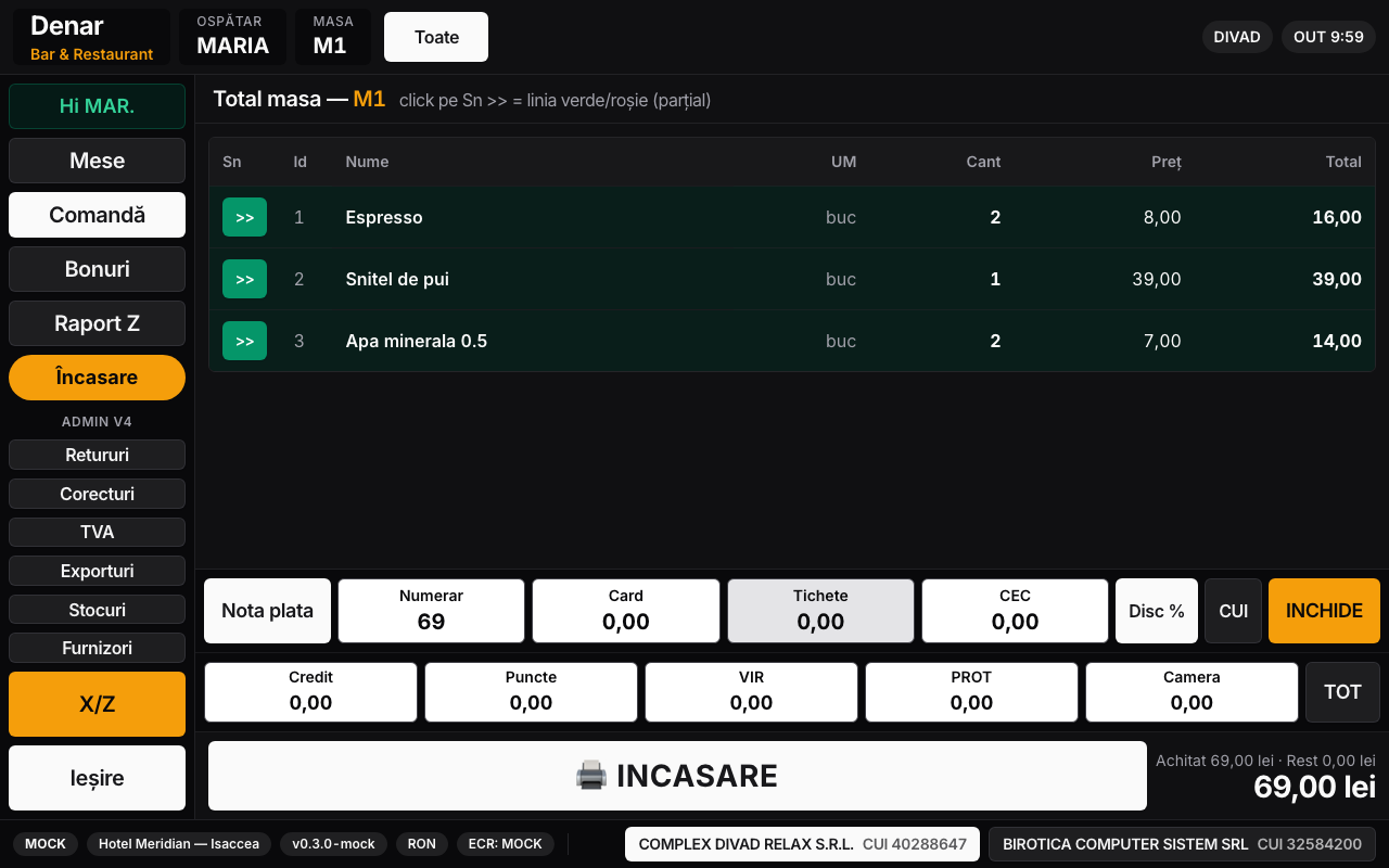 Ecran de încasare cu split cash și card